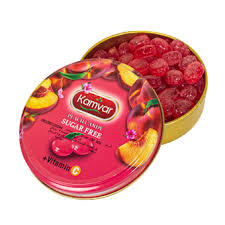 آبنبات رویال بدون قند و رژیمی با طعم هلو قوطی 150 گرمی کامور