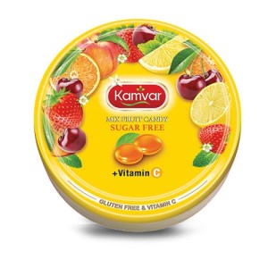 آبنبات رویال بدون قند و رژیمی با طعم شش میوه قوطی 150 گرمی کامور