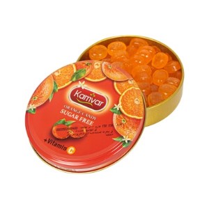 آبنبات رویال بدون قند و رژیمی با طعم پرتقال قوطی 150 گرمی کامور