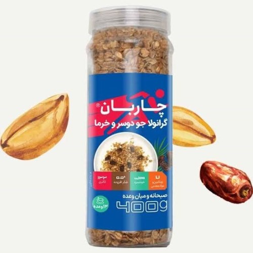 گرانولا اسپرت (جو دوسر و خرما)شیشه ای 380 گرم چاربان